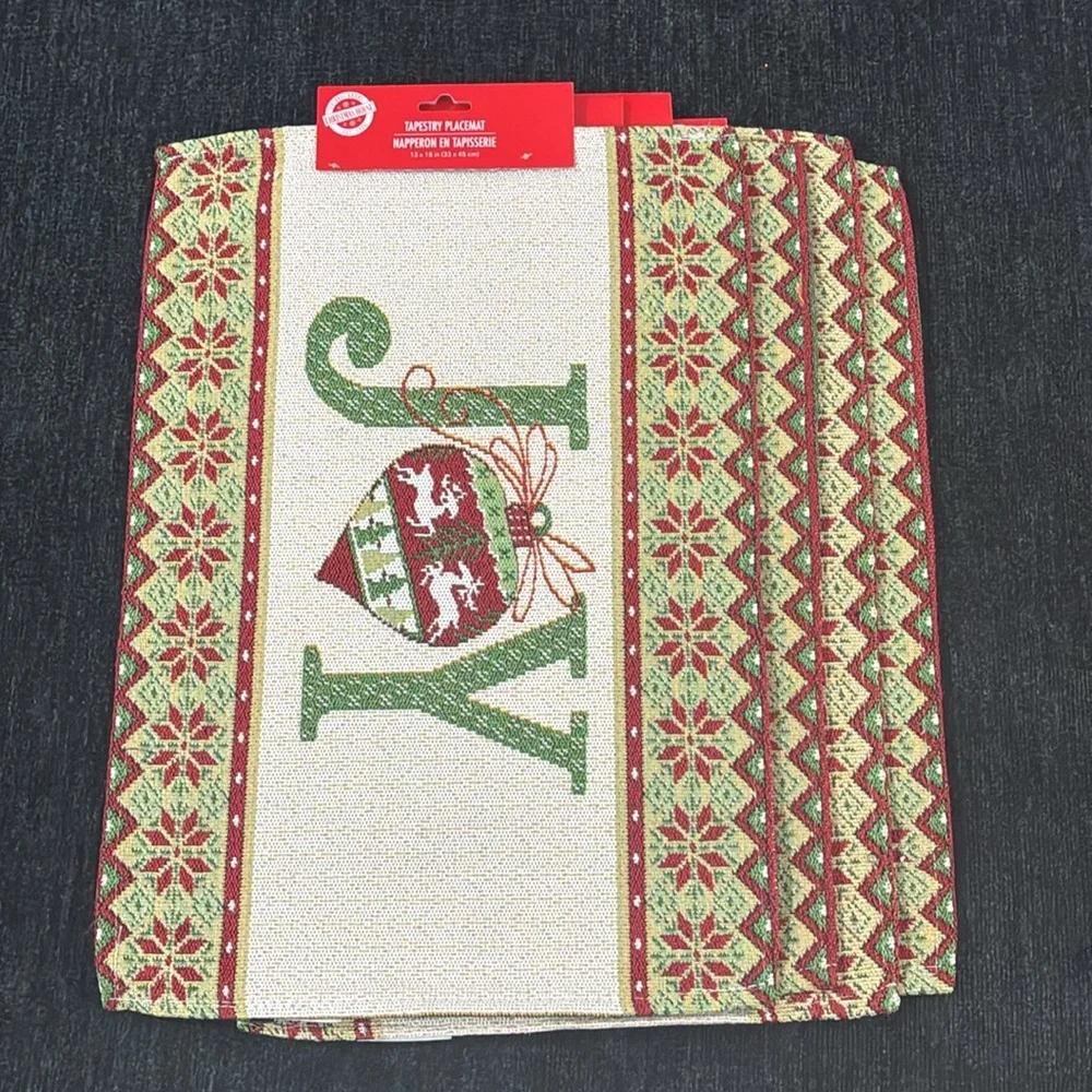 NWT- Set of 4- Cream- Red & Green JOY Ornament Holiday Tapestry Placemats 13x18